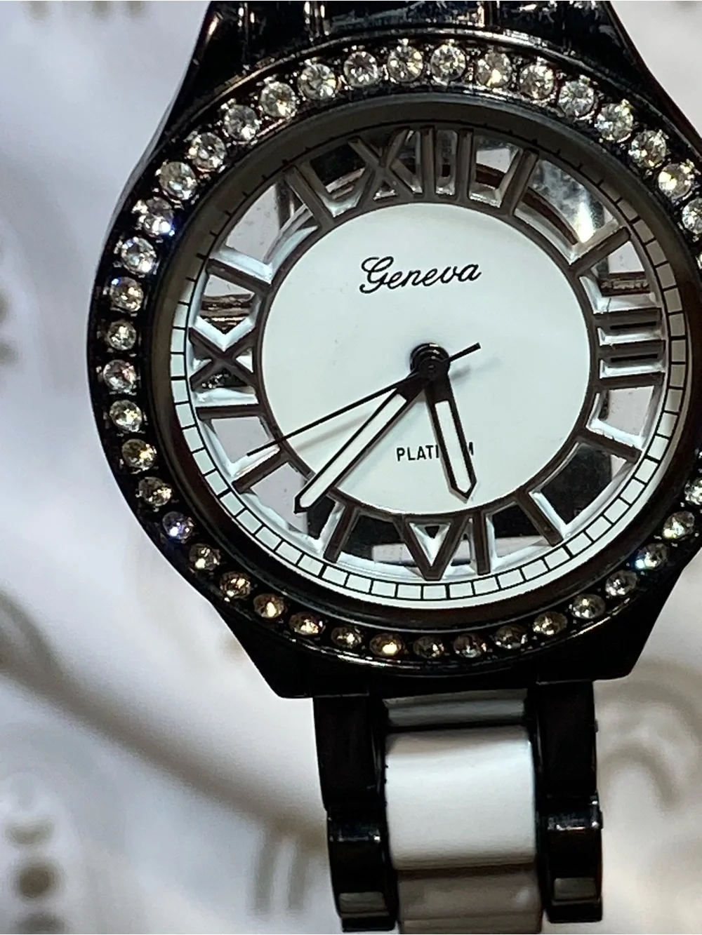 Geneva Black and White Link Bracelet Watch with Crystal Bezel